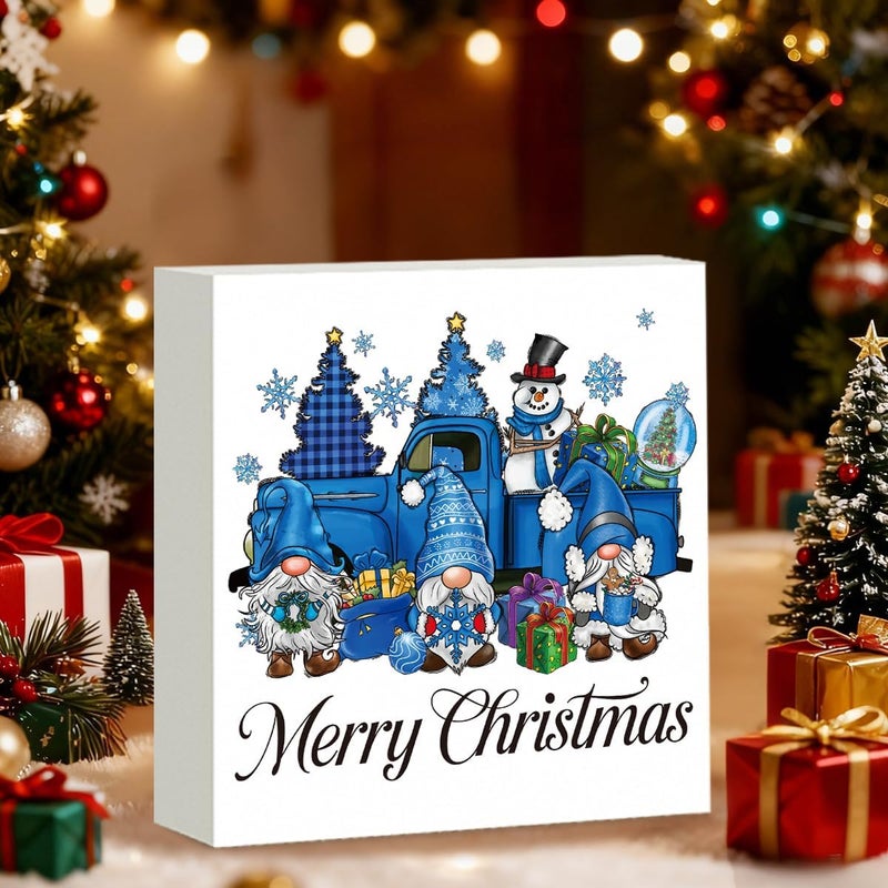 FXEFXE Blue Christmas Decorations, Christmas Gnomes Decorations Indoor, Snowman Snowflake Sign Gift for Women Friends, Rustic Wooden Box Sign for Home Shelf Office Bedroom Desk Decor 5x5 Inches - Image 3
